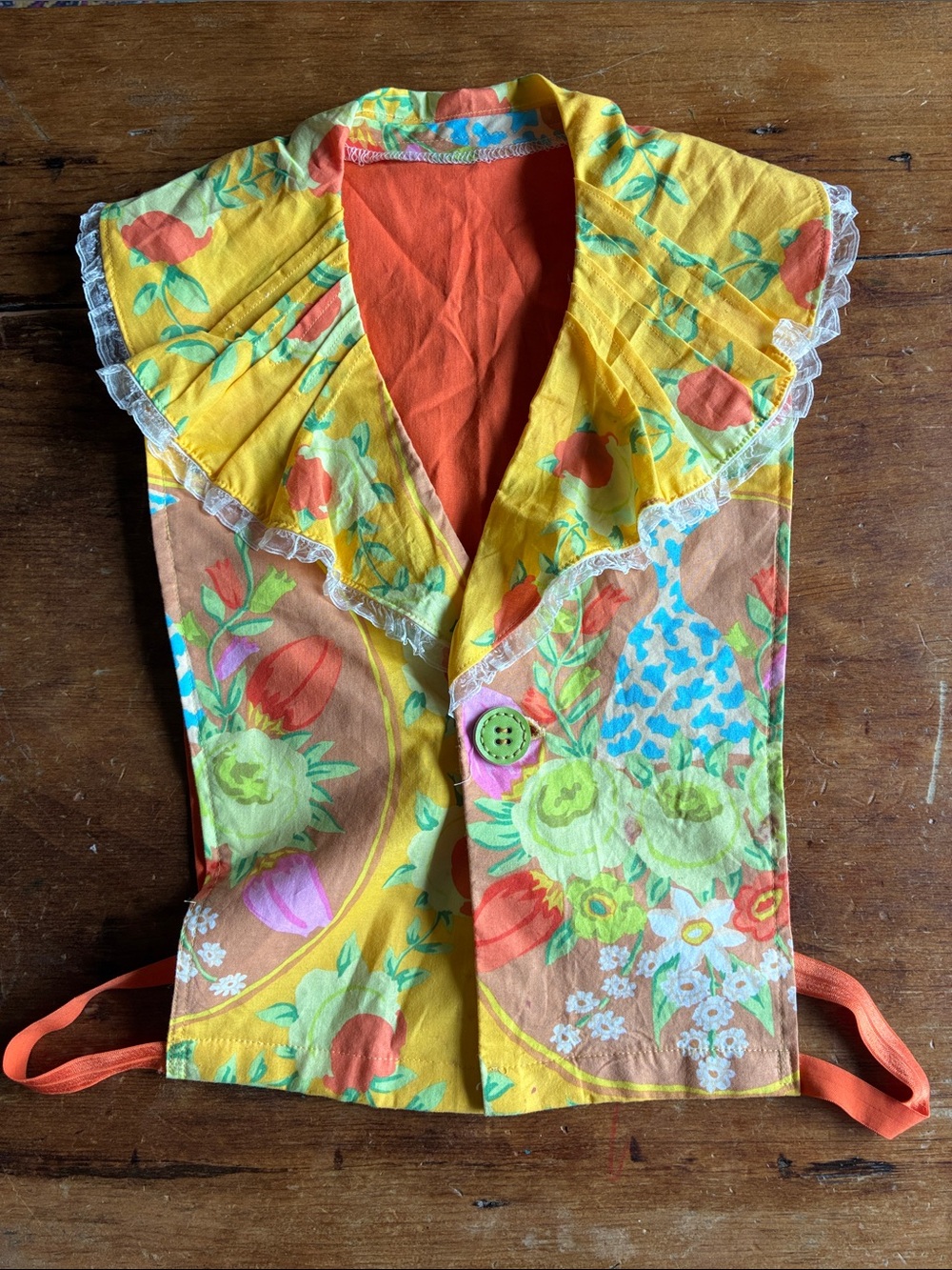 Handmade Upcycled Floral Ruffle Collar Vest / Tie Waist Top – One of a Kind